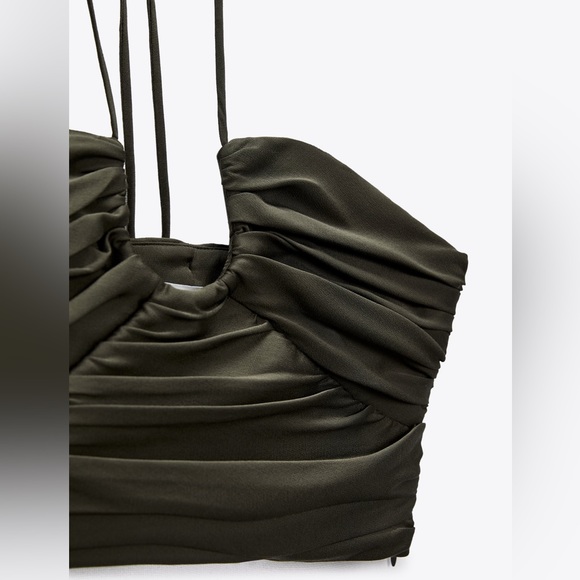 Zara NWT ruched satin halter top crop top — army green color only - Picture 6 of 8